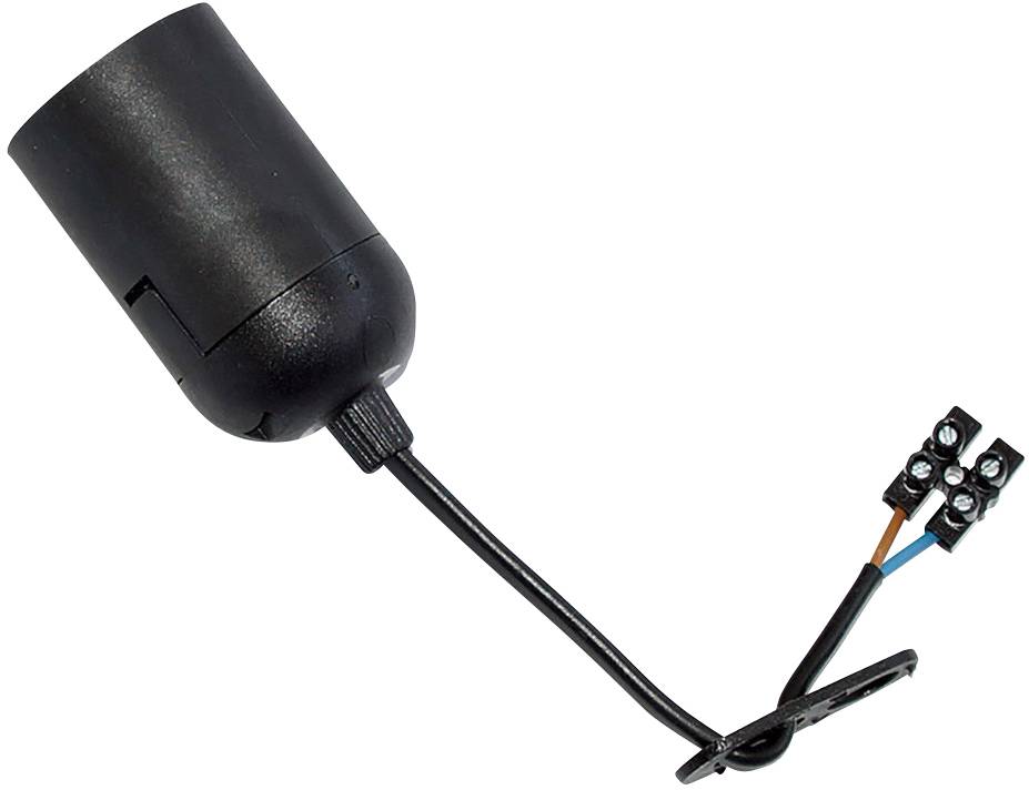 En svart, cylindrisk adapter med en kabel som slutar vid en elektrisk anslutning. Lämplig för belysningskontakter.