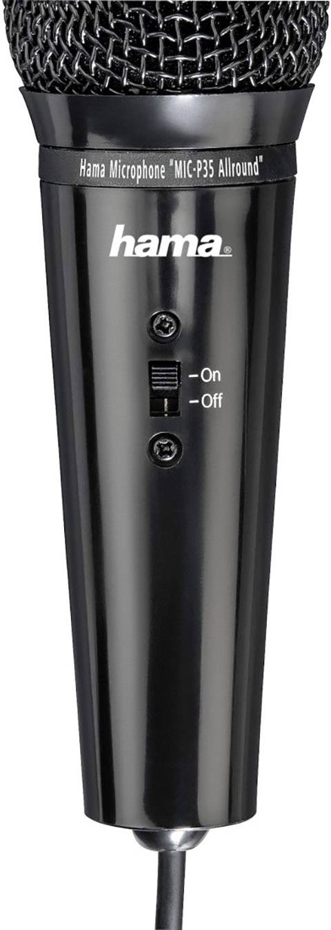 Ett svart mikrofon med texten 'Hama Mikrofon MIC-P35 Allround', med en strömbrytare för 'På - Av'.