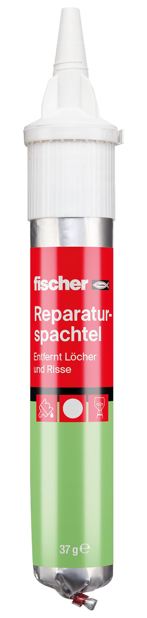 'Fischer Reparationsspackelfärg' i tub med röd spackel, idealisk för att fylla hål och sprickor, utan behov av extra verktyg.