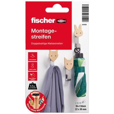 Produktförpackning för Fischer "Montage-streifen" dubbelsidig självhäftande remsor, visandes träkrokar som håller en kappa och paraply; etiketten anger "19+1 stycken" och "22 x 36 mm".