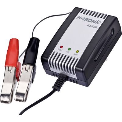 Batteriladdare H-Tronic AL800 med två klämmor. En klämma är röd, den andra svart. Enheten visar laddningsstatus med LED-lampor.