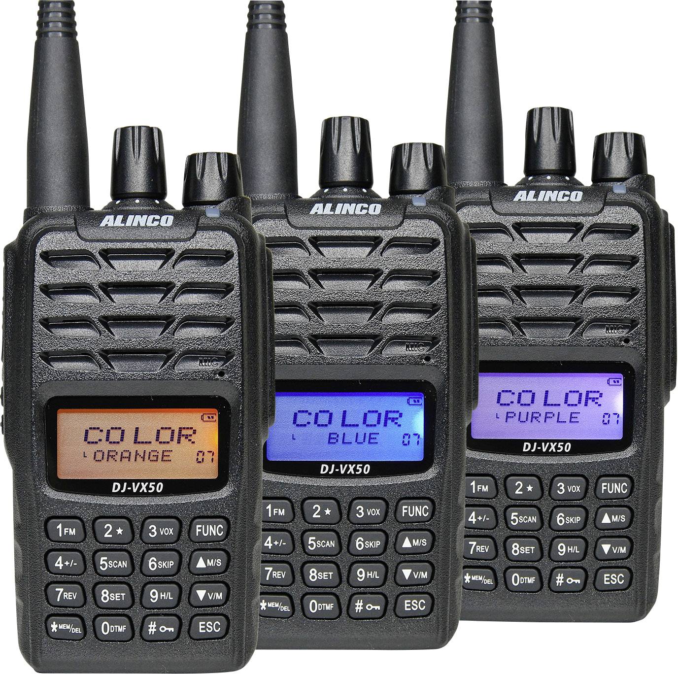 Tre svarta walkietalkies med upplysta displayer som visar olika färger: orange, blå och lila.