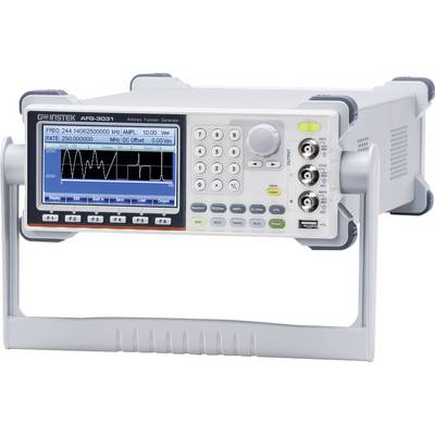 En GW Instek funktionsgenerator med display visar en vågform med frekvens och amplitud. Manöverdon och anslutningar är synliga.
