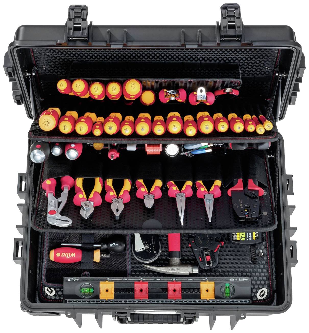 Verktygslåda med olika skruvmejslar, tänger och mätverktyg, prydligt arrangerade i fack.