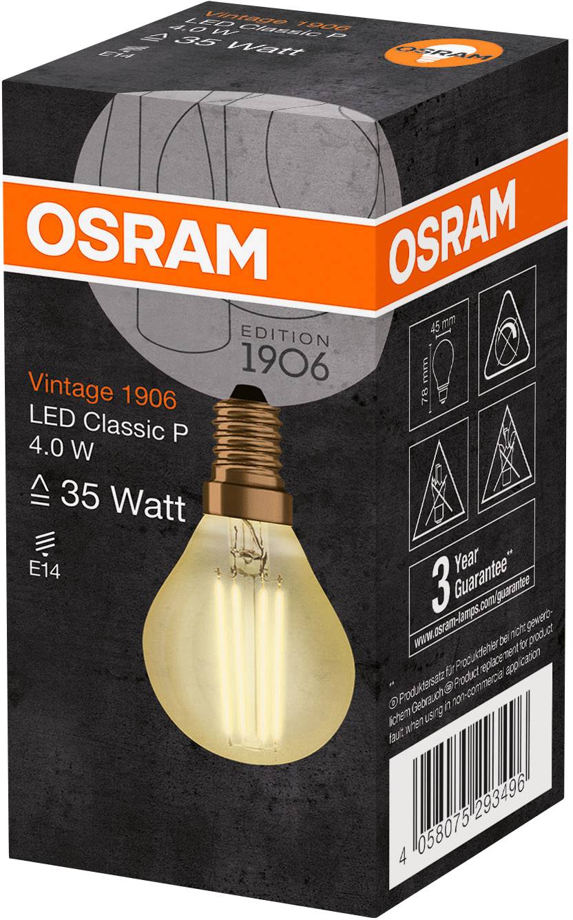 En OSRAM-glödlampsförpackning, Edition 1906, LED Classic P, 4,0 W, E14, motsvarar 35 watt. Med 3 års garanti.
