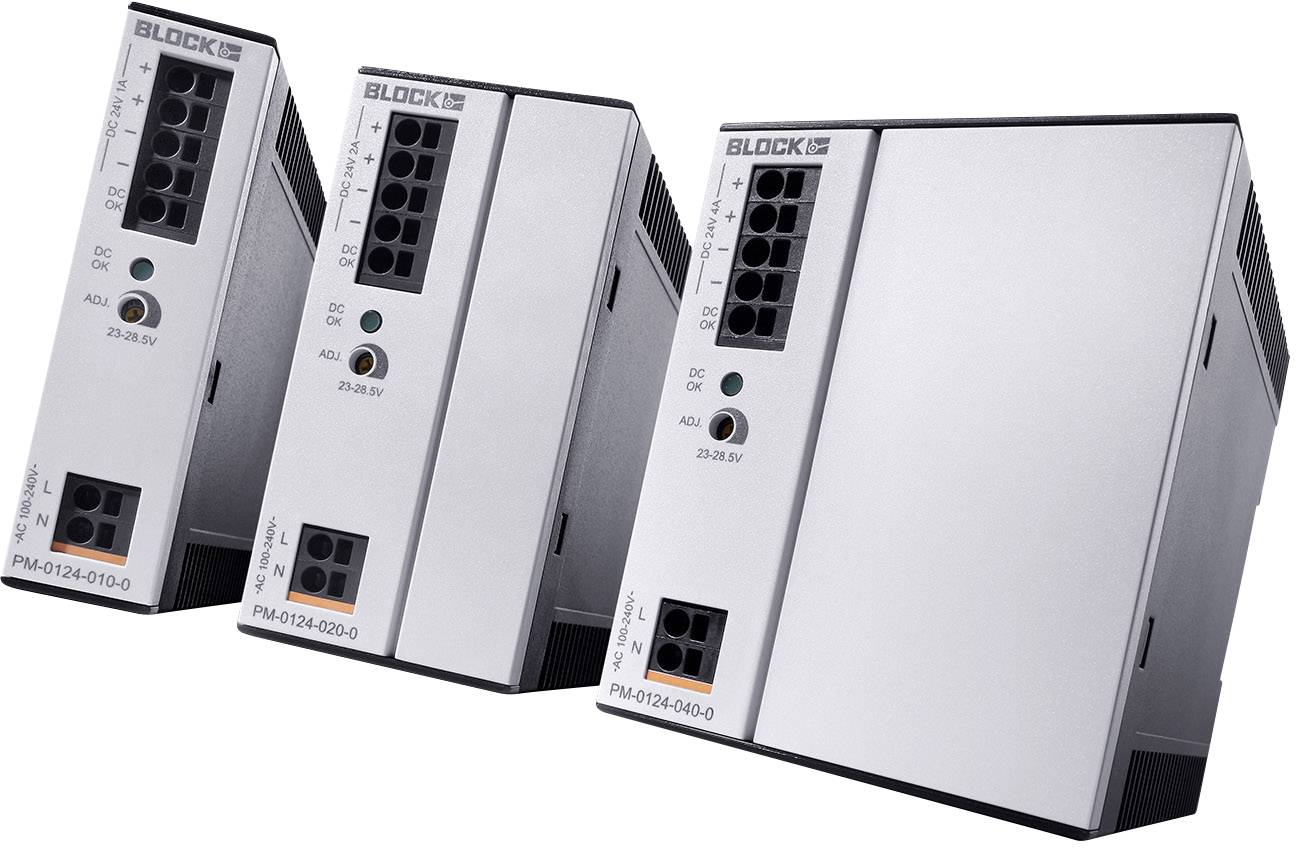 Tre switchnätdelar från BLOCK med modellnumren PM-0124-010-0, PM-0124-020-0 och PM-0124-040-0. De levererar respektive 23 till 28 volt.