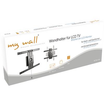 Förpackning för LCD TV-väggfäste, lämplig för både stående och liggande format. Modellnummer HP 36-3 AL. Innehåller bild av fästet.