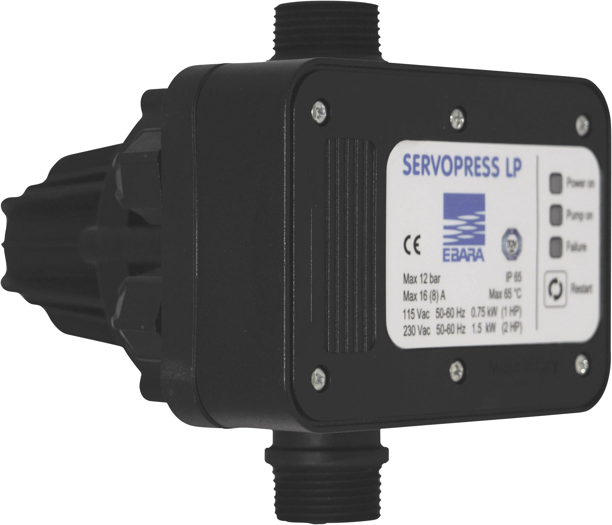 Elektronisk tryckomkopplare 'SERVOPRESS LP' med CE-märkning, maximalt tryck på 12 bar, med statuslampor för drift och störningar.