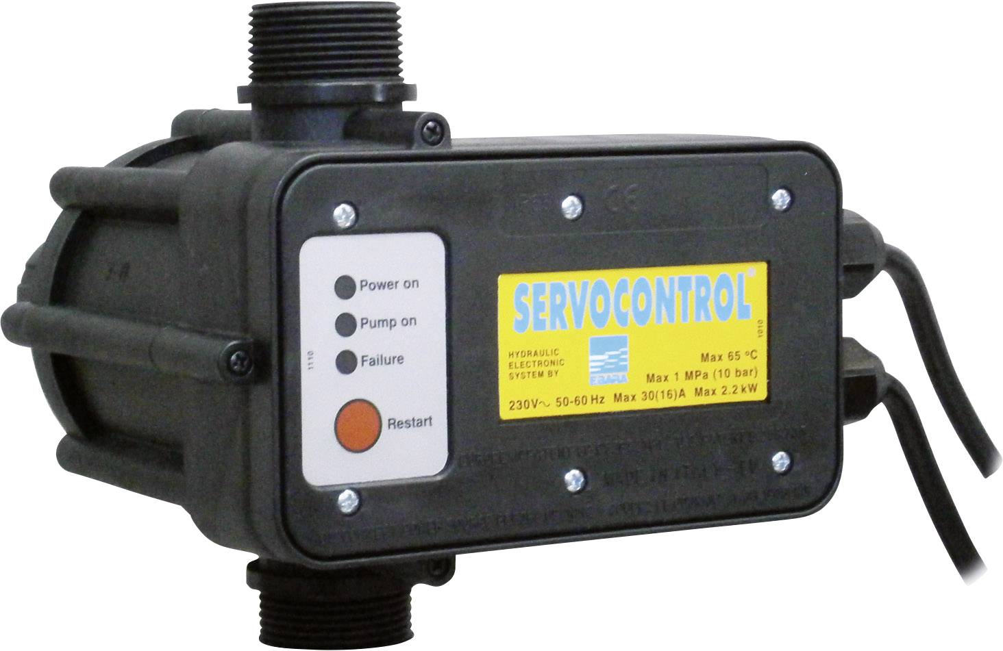 Svart 'Servocontrol'-pump med gul etikett. Visar knappar för 'Power on', 'Pump on' och 'Failure', samt 'Restart'-knapp.