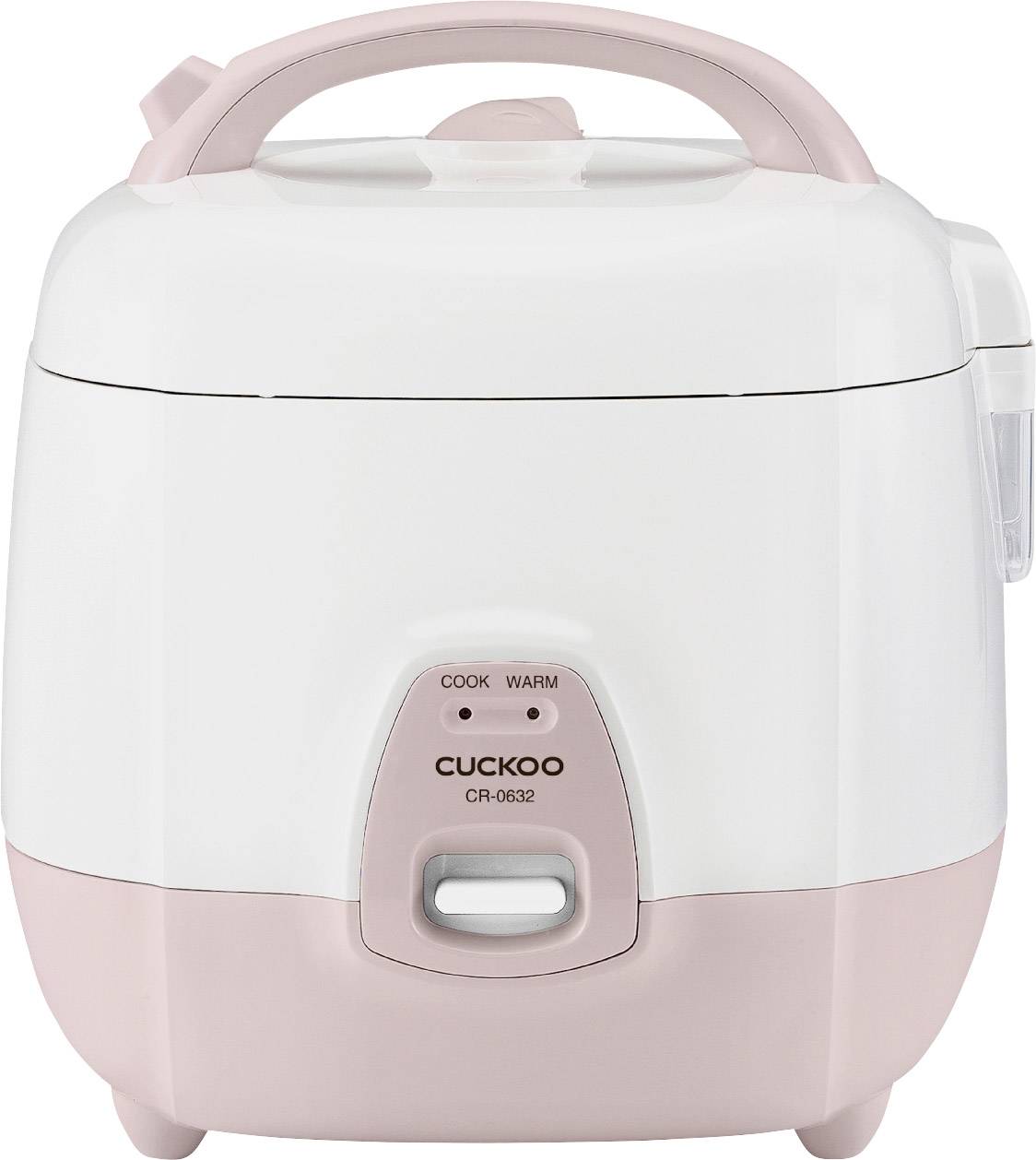 En vit och rosa riskoker med texten 'Cuckoo CR-0632'. Knappar för 'Cook' och 'Warm' syns på framsidan.