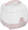En liten, fyrkantig riskokare i vitt och rosa med ett handtag ovanpå och en manövreringsknapp framtill. Lämplig för att laga och hålla ris varmt.