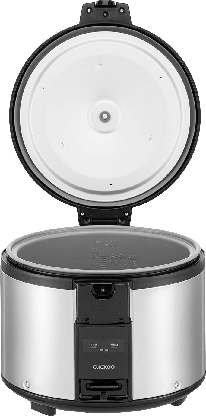 Riskokare med öppet lock, visar insidan. Silverfärgat hölje, digitalt display på framsidan. Varumärke nedtill.