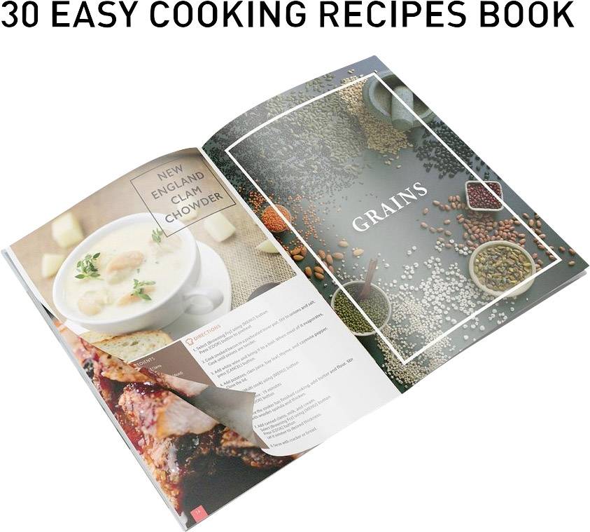 "30 enkla matlagningsrecept" visar en uppslag med en öppen sida med recept på New England Clam Chowder och ett dubbelsidigt uppslag om spannmål.