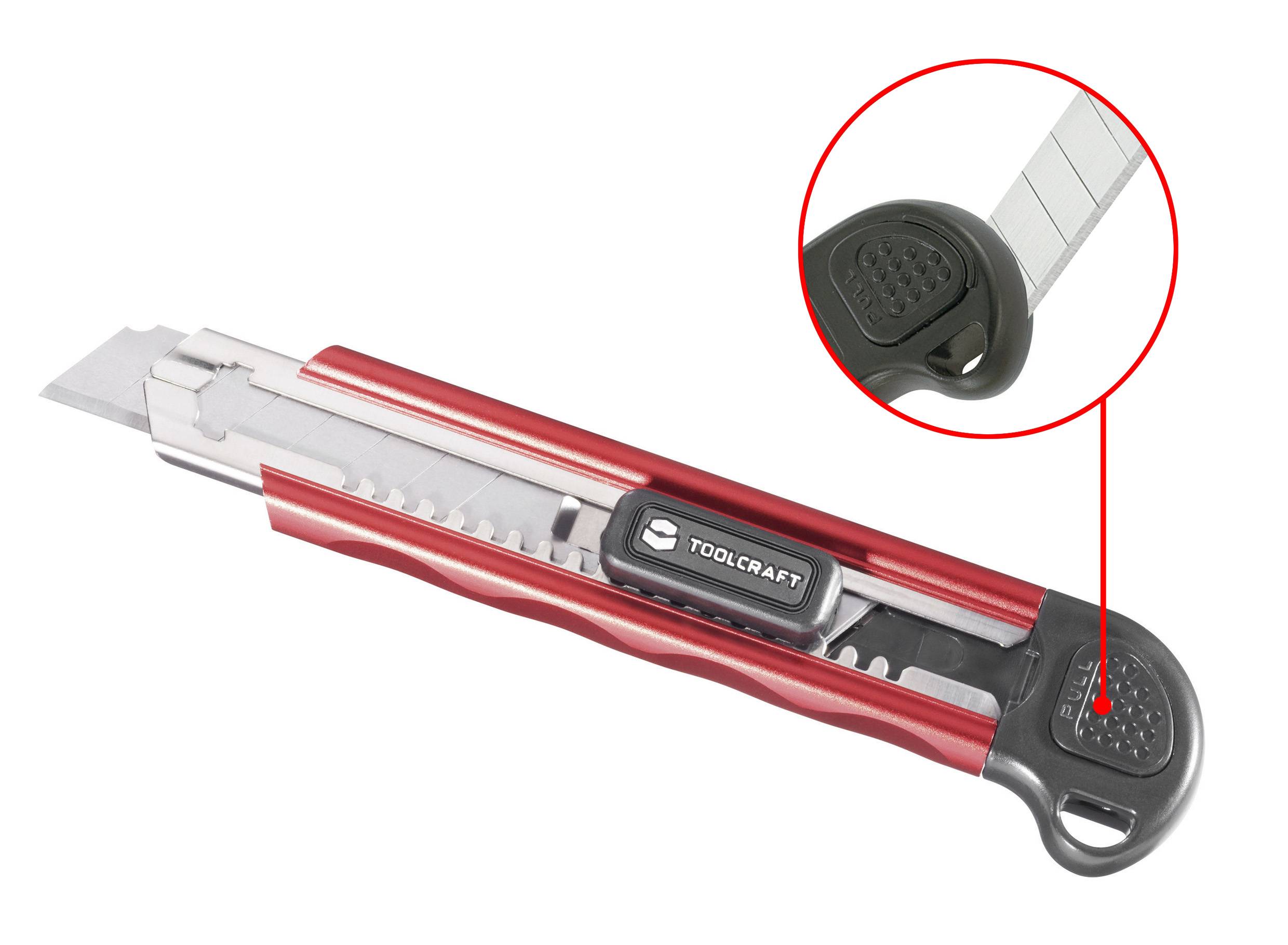 Rött universalkniv med infällbart blad och svart handtag. Närbild av klingspärren.