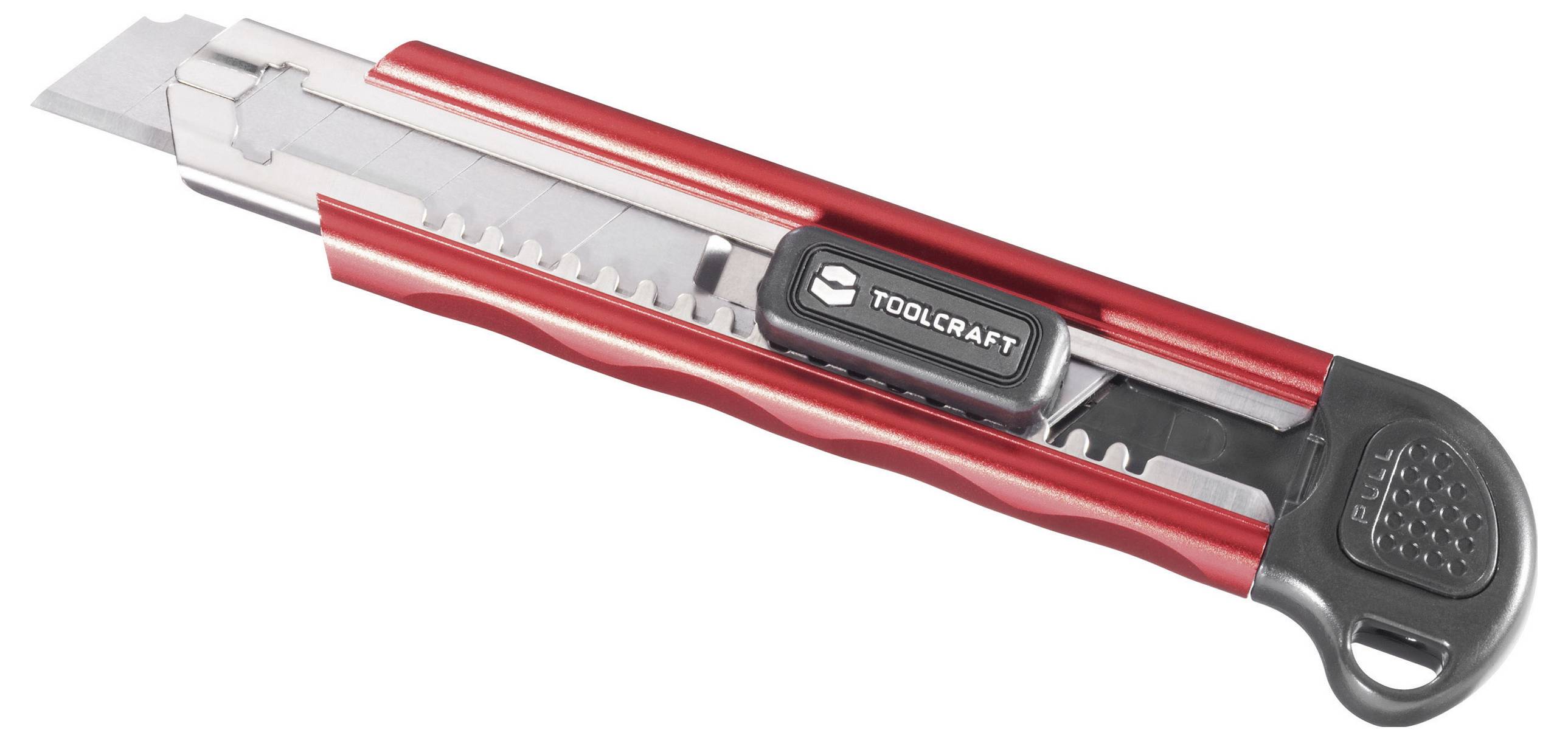 Rött och svart universalkniv med infällbart blad och 'Toolcraft'-logotyp på handtaget.
