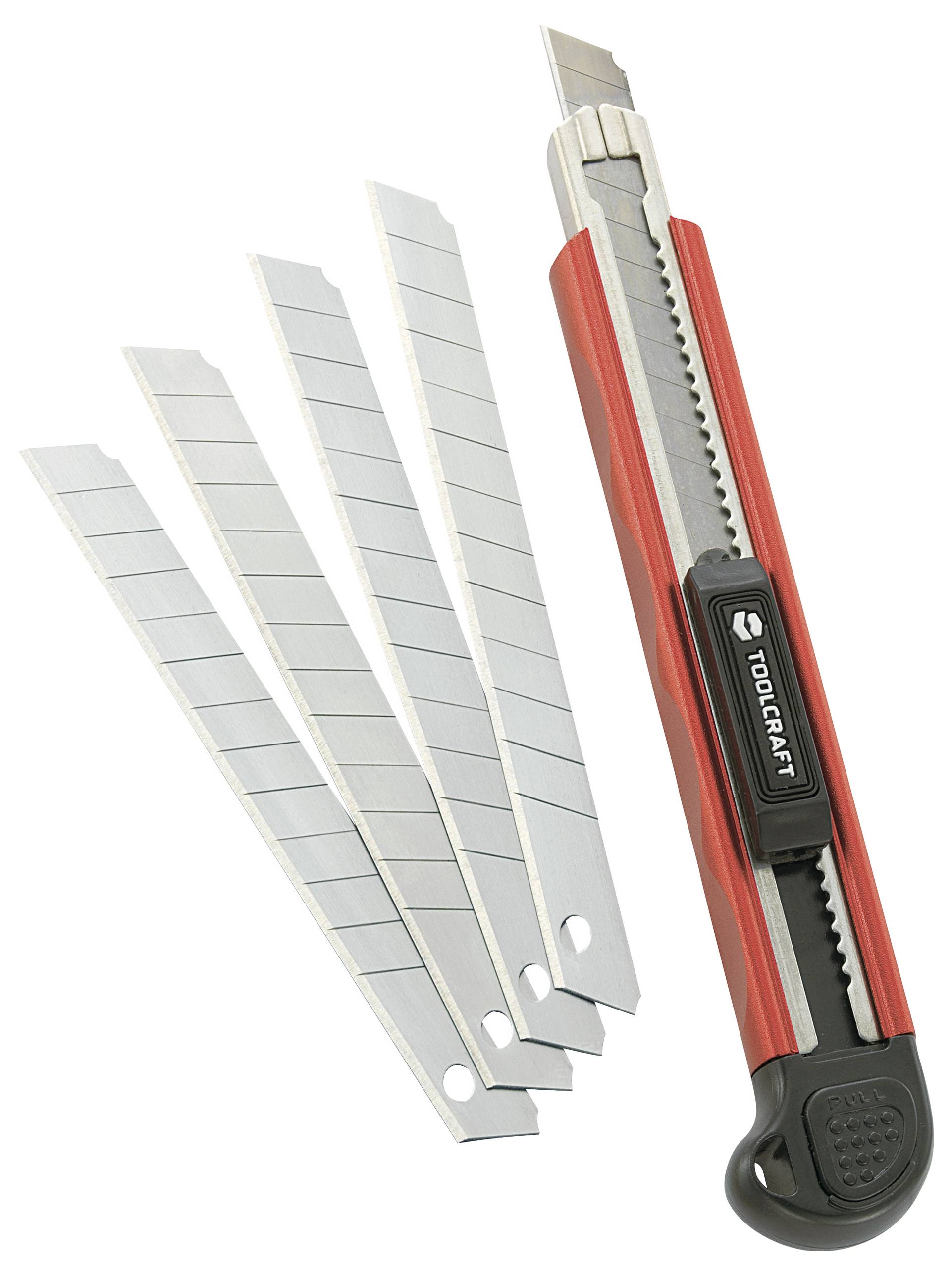 Ett rött universalkniv med infällbart blad och fem reservblad.