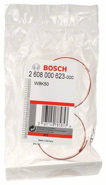 Transparent plastförpackning med Bosch-logotyp. Innehåller cykelbromsvajer WBK50, tryckt text: '2 608 000 623-000', 'Made in Germany'.