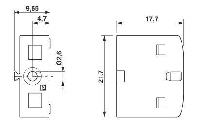 Teknisk ritning av en rektangulär komponent med dimensioner: bredd 9,55 mm, djup 4,7 mm, höjd 21,7 mm, håldiameter 2,6 mm.