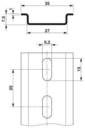 Teknisk ritning av en metallprofil: Tvärsnittet visar dimensioner på 35x7,5 mm, längdvy med detaljlängder på 27 mm och 25 mm.