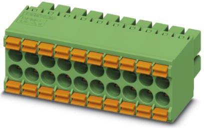 Grönt kontaktmodul med orangea spakhandtag, typiskt använt för elektroniska anslutningar.
