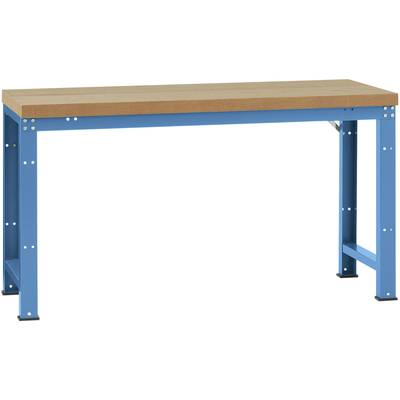 Ett stabilt arbetsbord med blå metallramkonstruktion och träarbetsyta. Lämpligt för verkstads- eller industrimiljöer.
