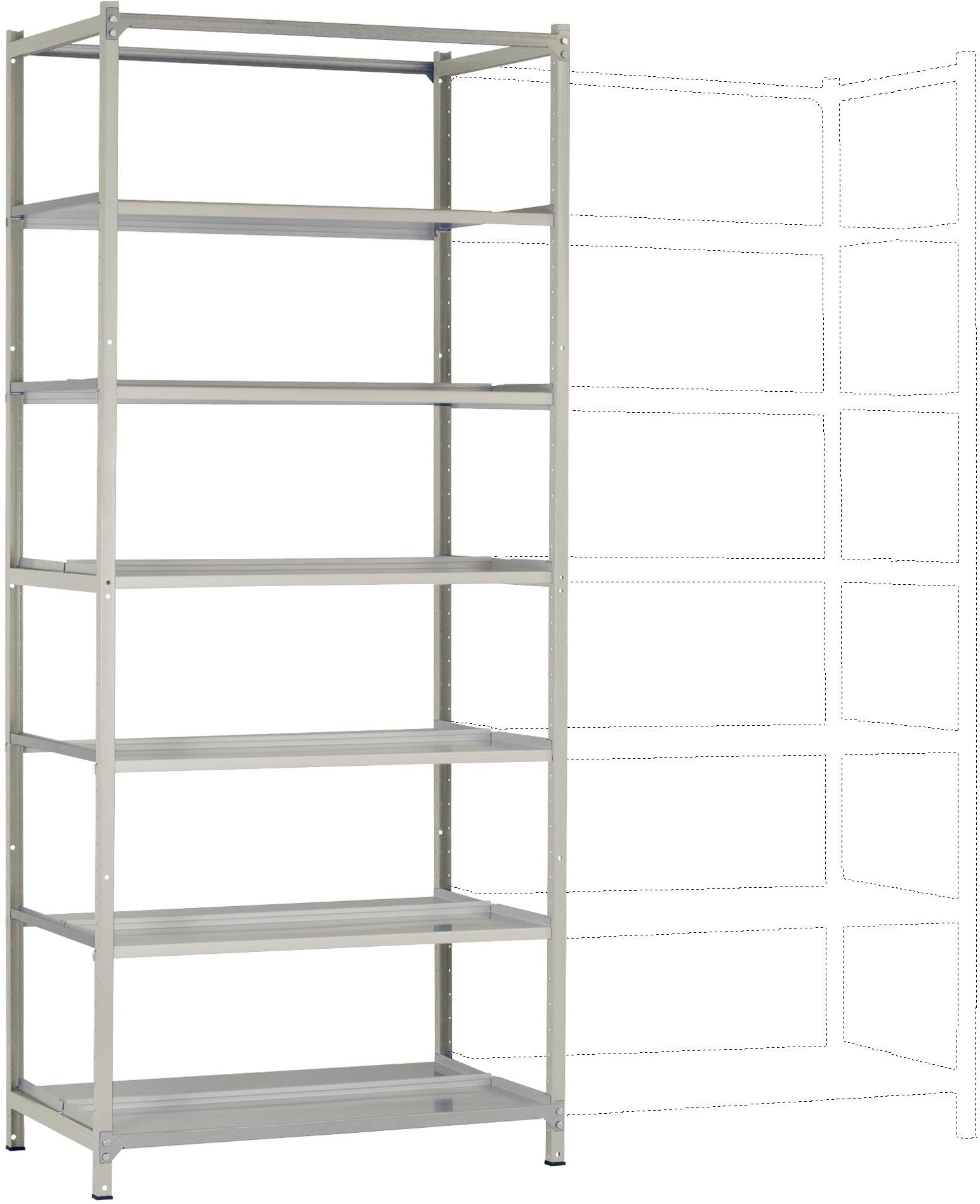 Metallhylla med sex justerbara hyllplan, perfekt för förvaring. Till höger om hyllan är streckade expansionsalternativ antydda.