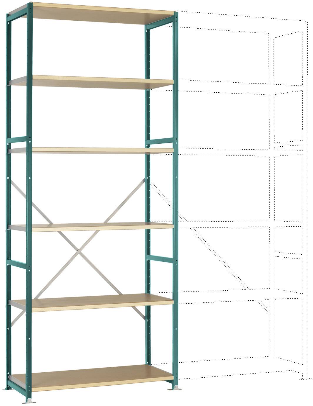 En metallhylla med fem trähyllplan. På höger sida finns en streckad linje som visar möjliga utökningar.