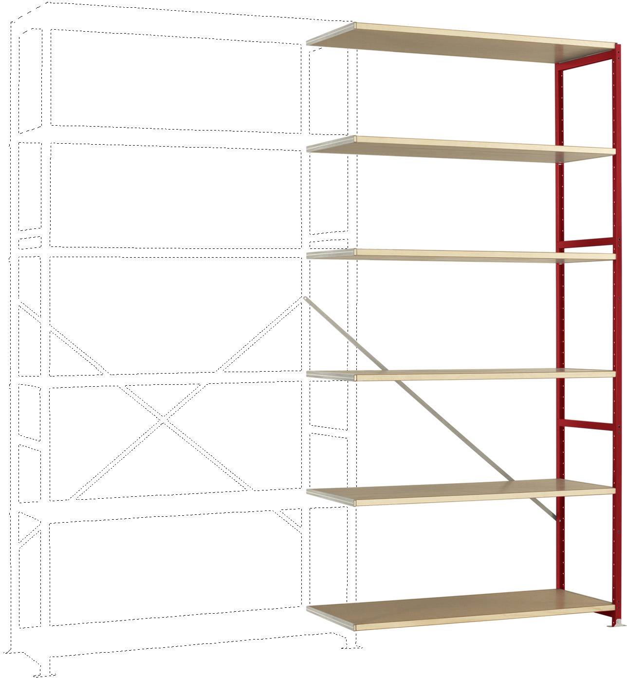 Ett rött metallhylla med sex trähyllplan, visar strukturen och arrangemanget i en industriell eller lagermiljö.