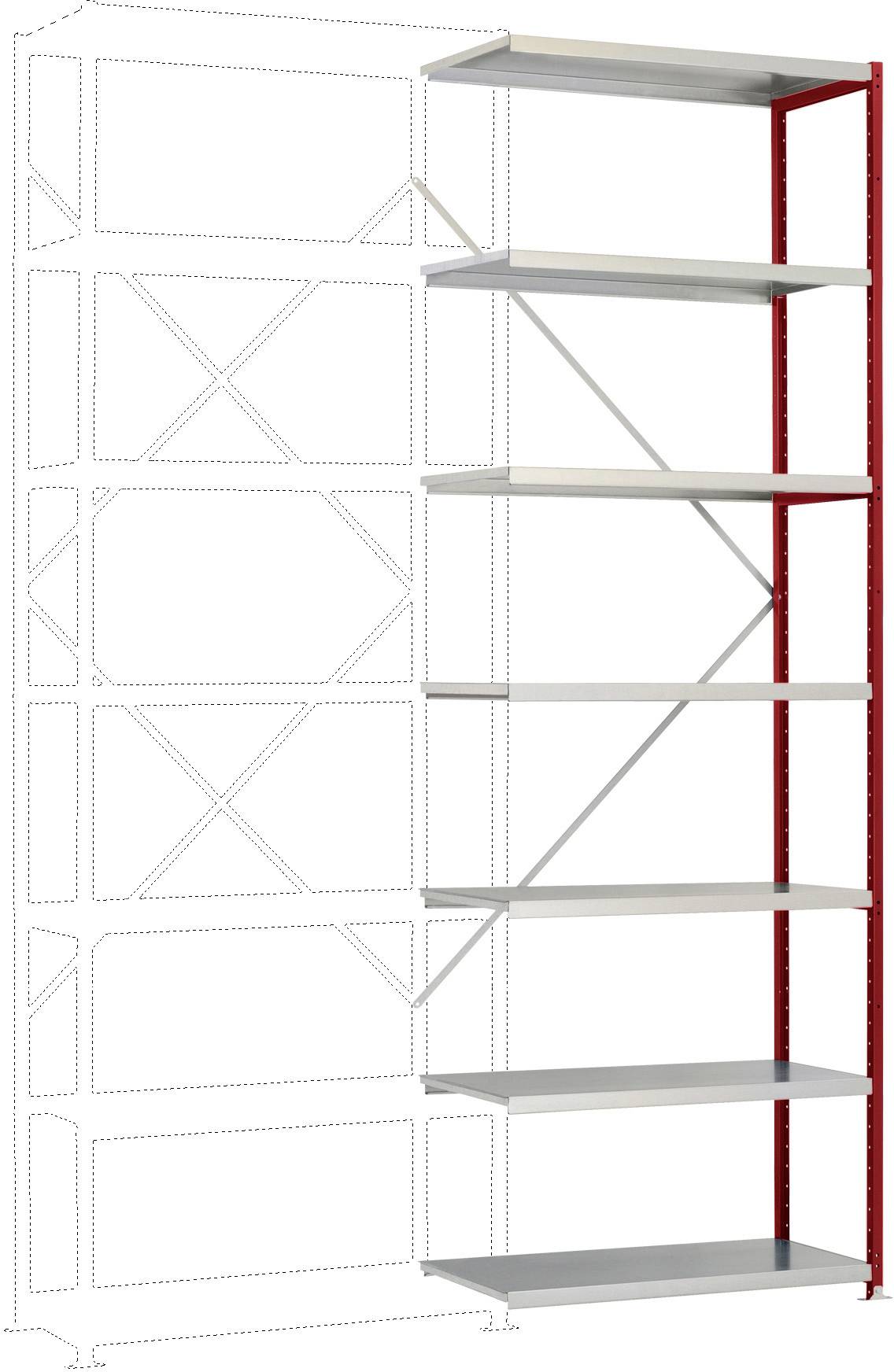 Illustration av ett modulärt hyllsystem med metallhyllor och en röd bärande del, som kan byggas ut flexibelt.
