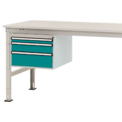 Ett skrivbord med integrerat lådsystem till vänster. Tre gröna lådor erbjuder förvaringsmöjligheter. Robust design för kontor.