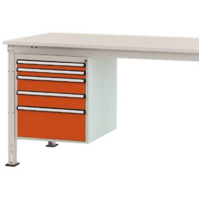 Ett vitt skrivbord med en orange byrå till vänster.
