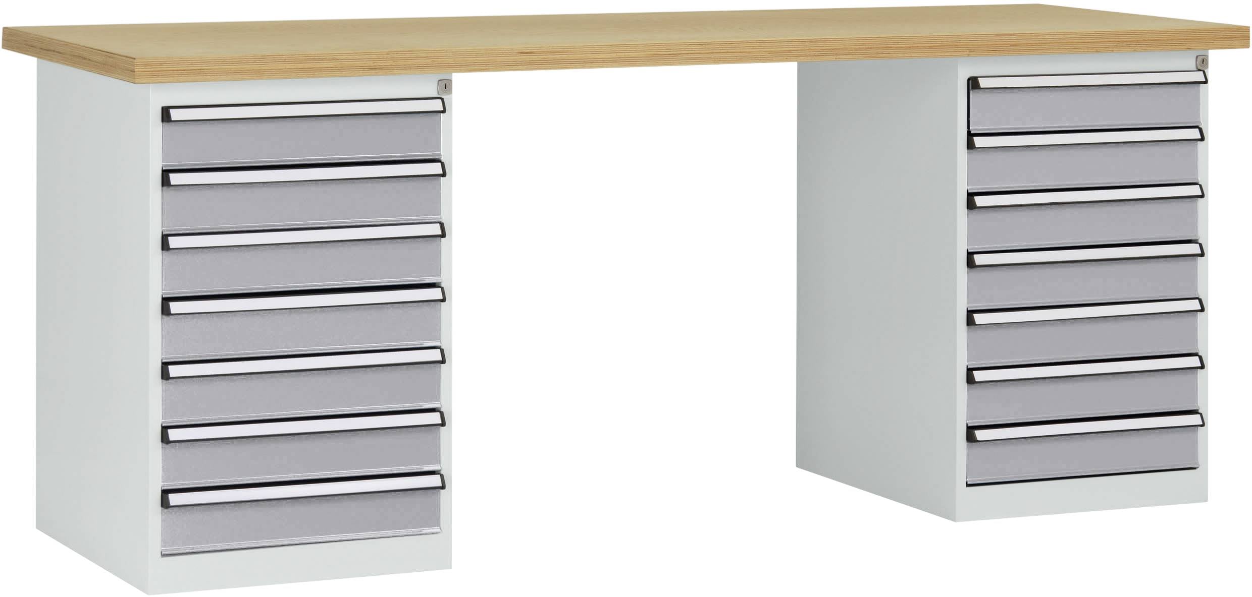 Ett skrivbord med en träskiva och två metallkonsoler med fem gråa lådor vardera. Perfekt för kontors- eller verkstadsbruk.