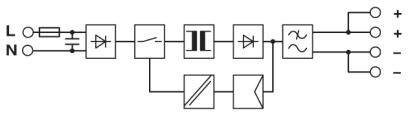Blockdiagram över en elektronisk krets som visar strömflödesriktningen från en spänningskälla genom flera komponenter till tre utgångar.