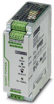 Nätadapter från märket Phoenix Contact, modell 'QUINT POWER', med grön anslutningsplint överst och flera tekniska detaljer.