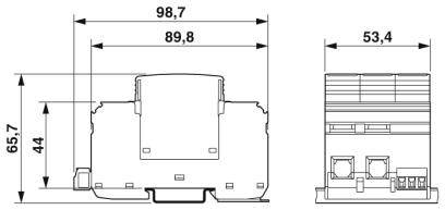Teknisk ritning av en elektrisk apparat med dimensioner: bredd 98,7 mm, djup 53,4 mm, höjd 65,7 mm.
