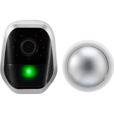 Digital dörrklocka med kamera och LED-indikator, bredvid en rund, silverfärgad ringklocka.