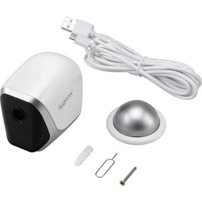 En vit övervakningskamera med tillbehör: USB-kabel, magnetiskt fäste, plugg, skruv och SIM-kortsverktyg.