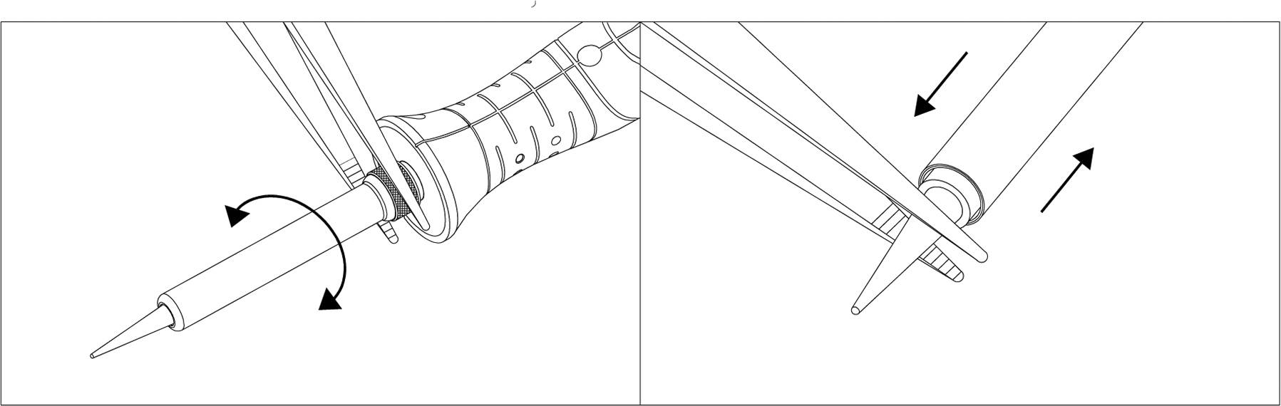 Instruktion för montering av en cykelsadelsupport: Vänstervridande rörelse, höger insättning i röret med pilar som visar riktningen.