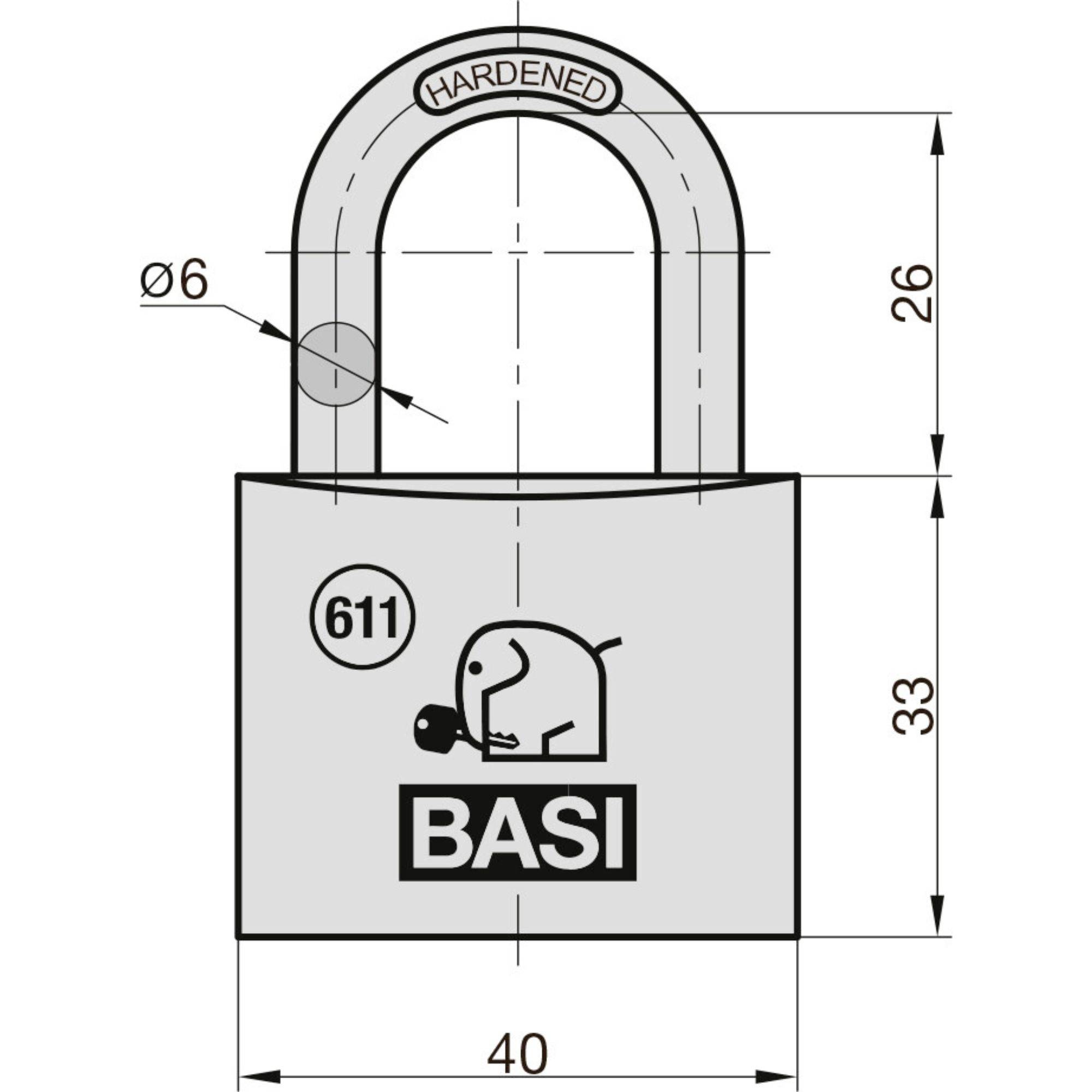 Lås 'BASI 611', dimensioner: Bredd 40 mm, bygeltjocklek 6 mm, höjd med bygel 59 mm. Tryck: Elefant med boll.