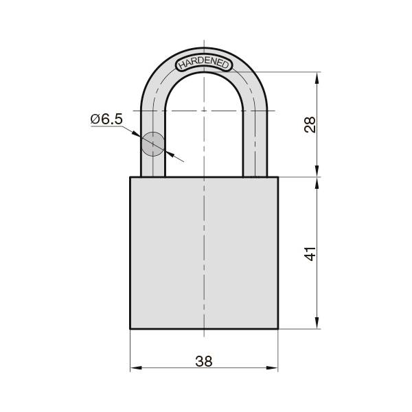 Teckning av ett hänglås med följande mått: höjd 69 mm, bygeltjocklek 6,5 mm, basbredd 38 mm, baslängd 41 mm.