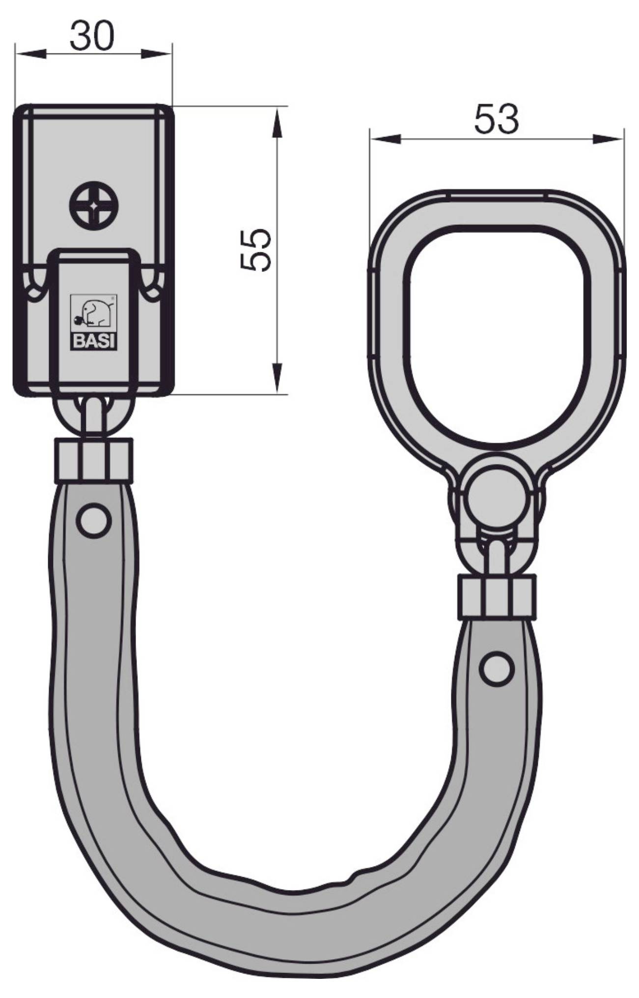 En diagram över en dörrsäkeringskedja med märkta dimensioner: 30 mm bredd, 55 mm höjd för basen, och 53 mm bredd för kedjlänken.