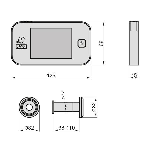 Illustration av en digital dörrtittare med mått: Bredd 125 mm, höjd 68 mm, djup 15 mm. Objektivdiameter 32 mm, längd 38-110 mm.