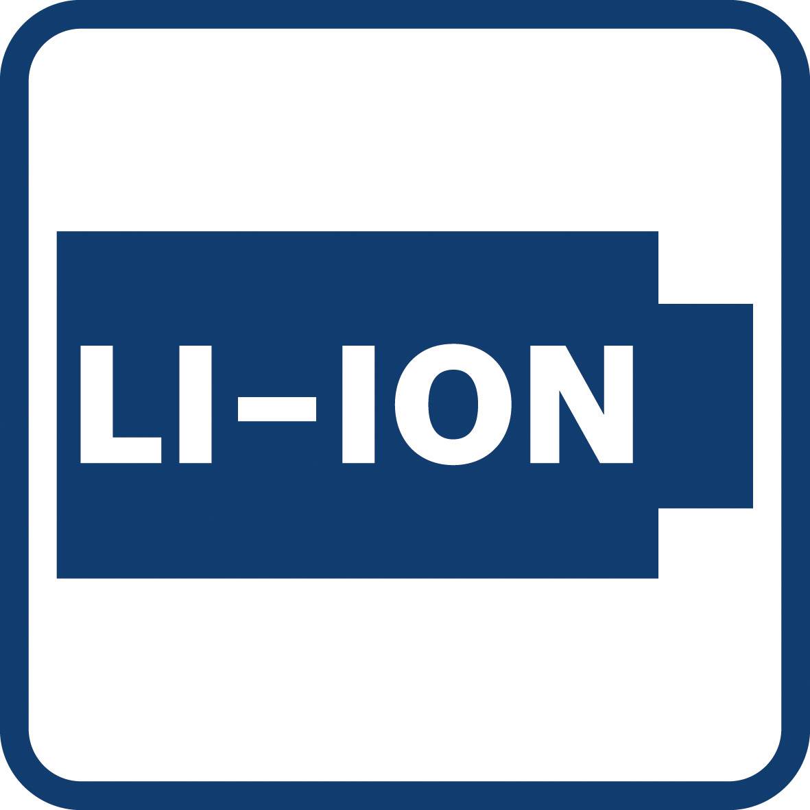 Blått symbol med vit bakgrund visar texten 'LI-ION', vilket hänvisar till litiumjonbatterier.