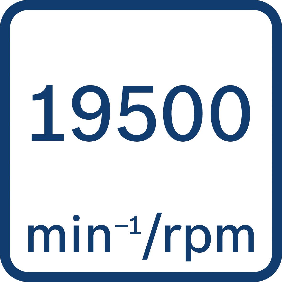 '19500 varv/min' på vit bakgrund i blå text.