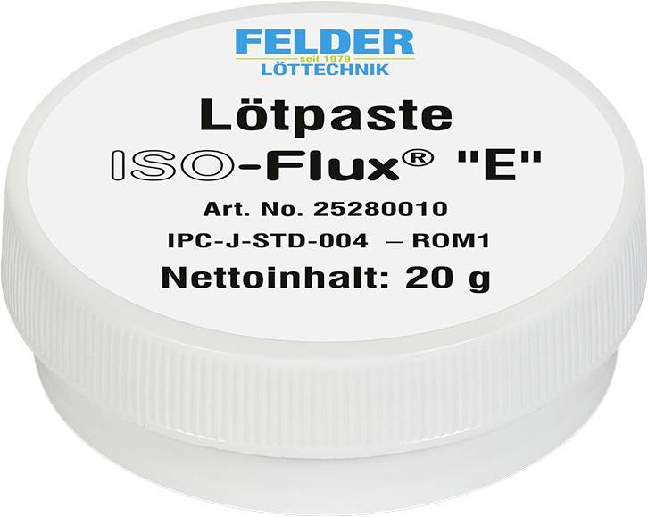 Behållare med lödpasta från Felder Löttechnik märkt 'Lötpaste ISO-Flux E', Art. Nr. 25280010, IPC-J-STD-004 ROM1, nettovikt 20 g.