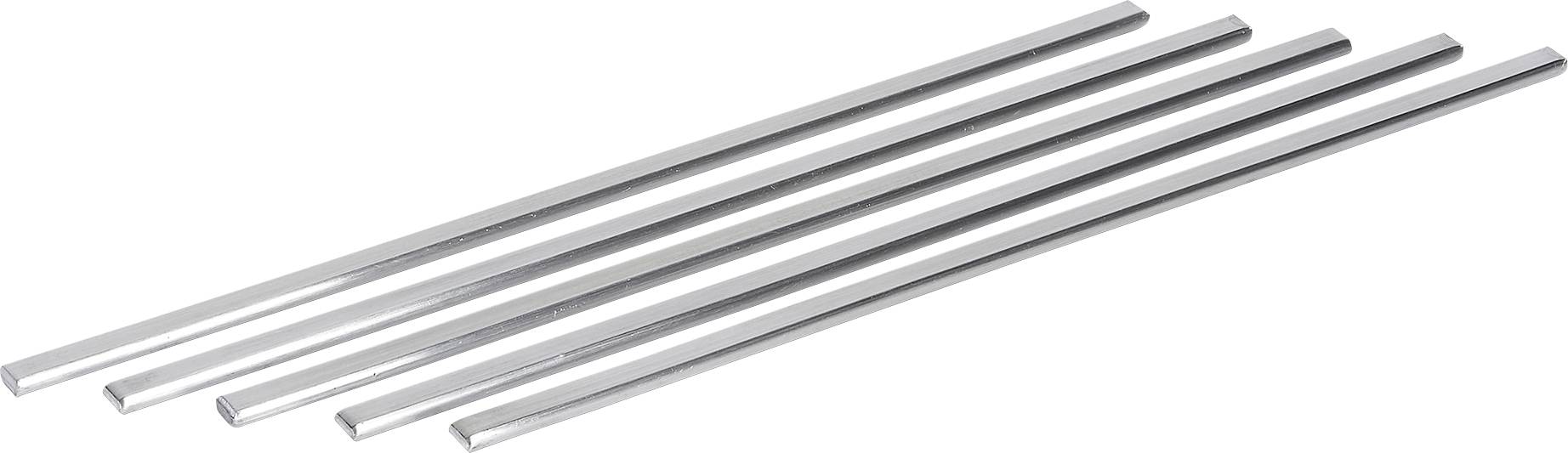 Fem parallella silverfärgade metallstänger eller rör arrangerade diagonalt på en vit bakgrund.