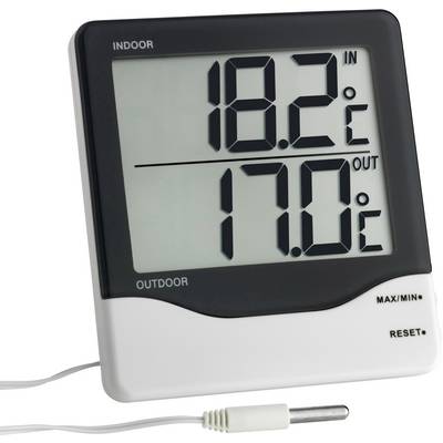 Digitalt termometer med två displayer. Överst: Inomhus 18,2°C. Nedanför: Utomhus 17,0°C. Till vänster: INOMHUS och UTOMHUS markerat.