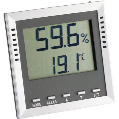 Digitalt mätinstrument visar 59,6% luftfuktighet och 19,1°C temperatur. Silvergråt hölje med knappar för läge, radera och inställning.