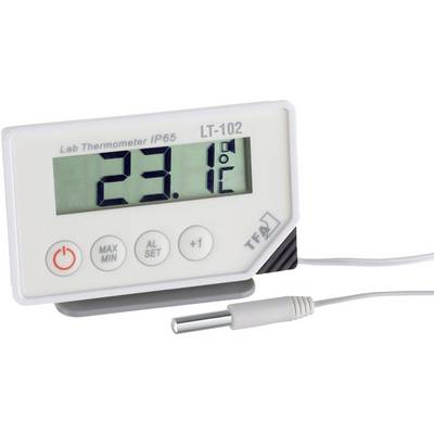 Digitaletermometer visar '23,1°C'. Enheten har funktioner för max/min, larm och inställningar. Termometern är ansluten med kabel.