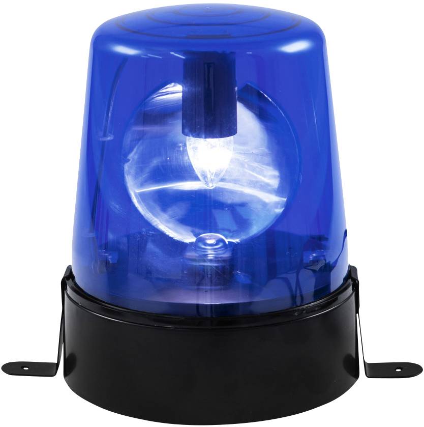 Ett blått rundgående ljus på en svart sockel, ofta sett på utryckningsfordon, signalerar en nödsituation.